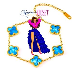 Blue Ocean Marble & Gold Clover Bracelet, 18 Karat Gold Plated